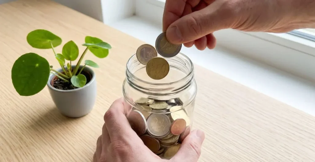 Main posant délicatement des pièces d'euro dans une tirelire en verre transparent avec une petite plante verte à côté sur un bureau en bois clair