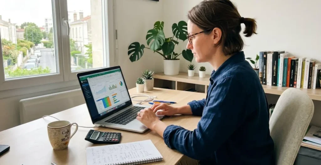 Personne travaillant sur ordinateur portable avec calculatrice et carnet de notes posés sur un bureau moderne lumineux avec une tasse de café