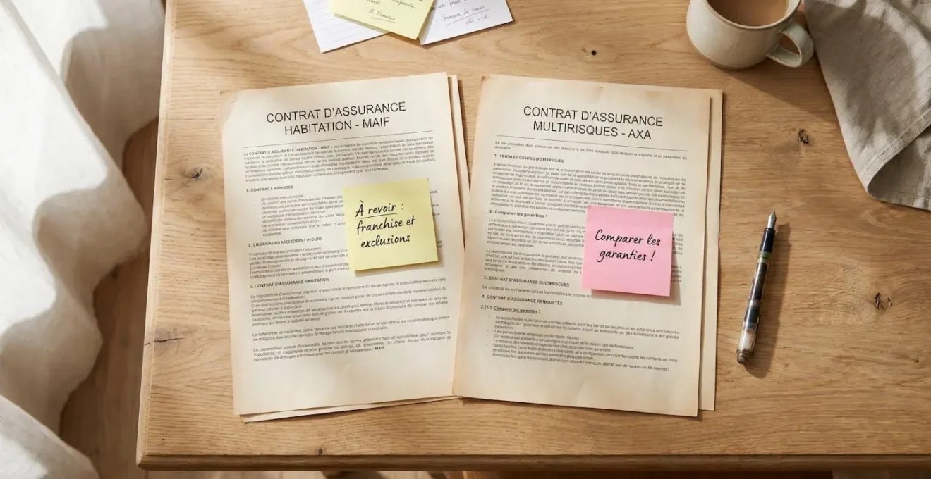 Vue de dessus sur deux documents contractuels de mutuelle posés côte à côte sur une table, avec quelques annotations manuscrites