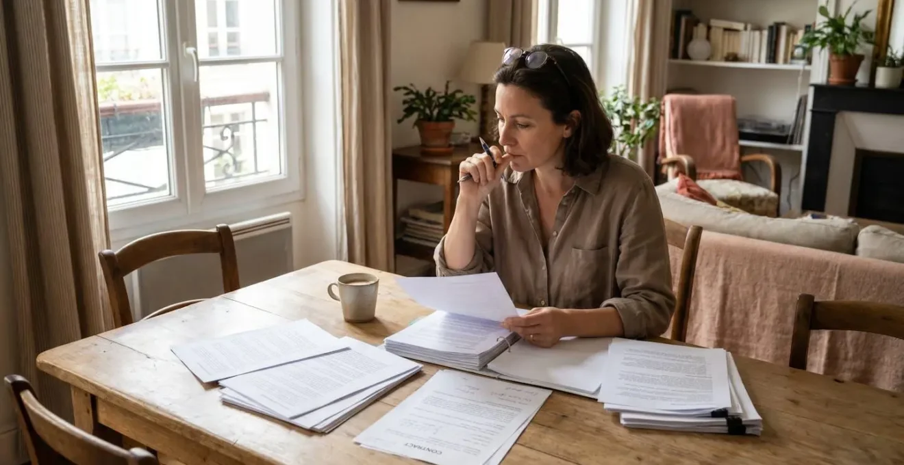 Une personne analysant ses documents de mutuelle santé à une table, stylo à la main, expression concentrée