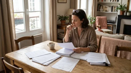 Une personne analysant ses documents de mutuelle santé à une table, stylo à la main, expression concentrée