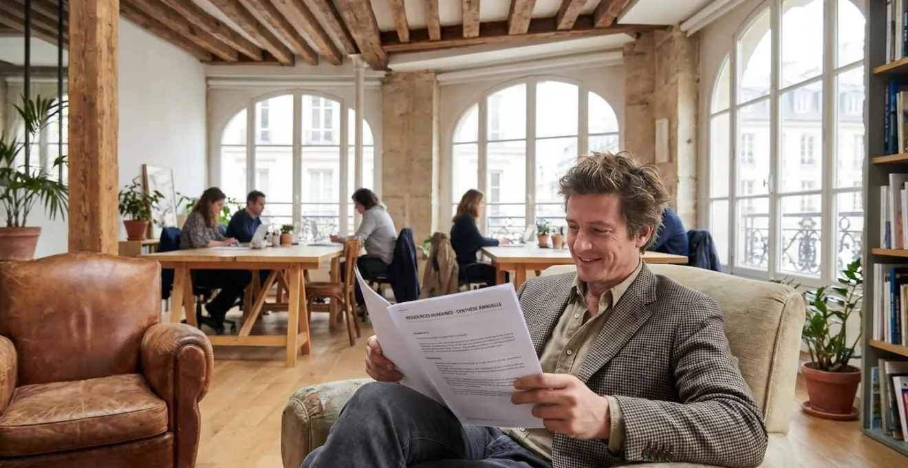 Un homme d'une quarantaine d'années consultant un document RH relatif à sa mutuelle d'entreprise dans un espace de travail lumineux